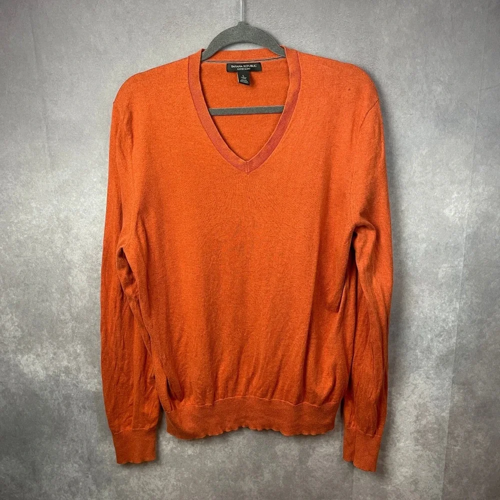 Banana Republic Sweater Mens L Orange Silk Cotton‎ Cashmere Luxury Blend V-Neck